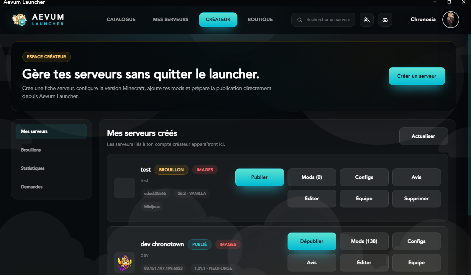 Espace créateur pour gérer un serveur Minecraft dans Aevum