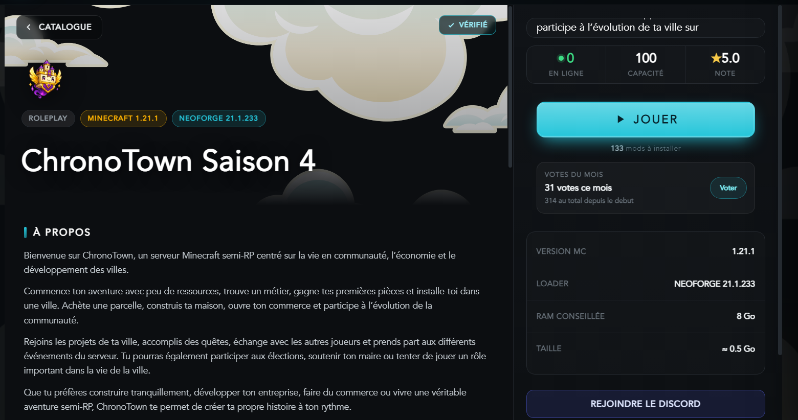 Bouton Jouer et informations d'un serveur dans Aevum Launcher